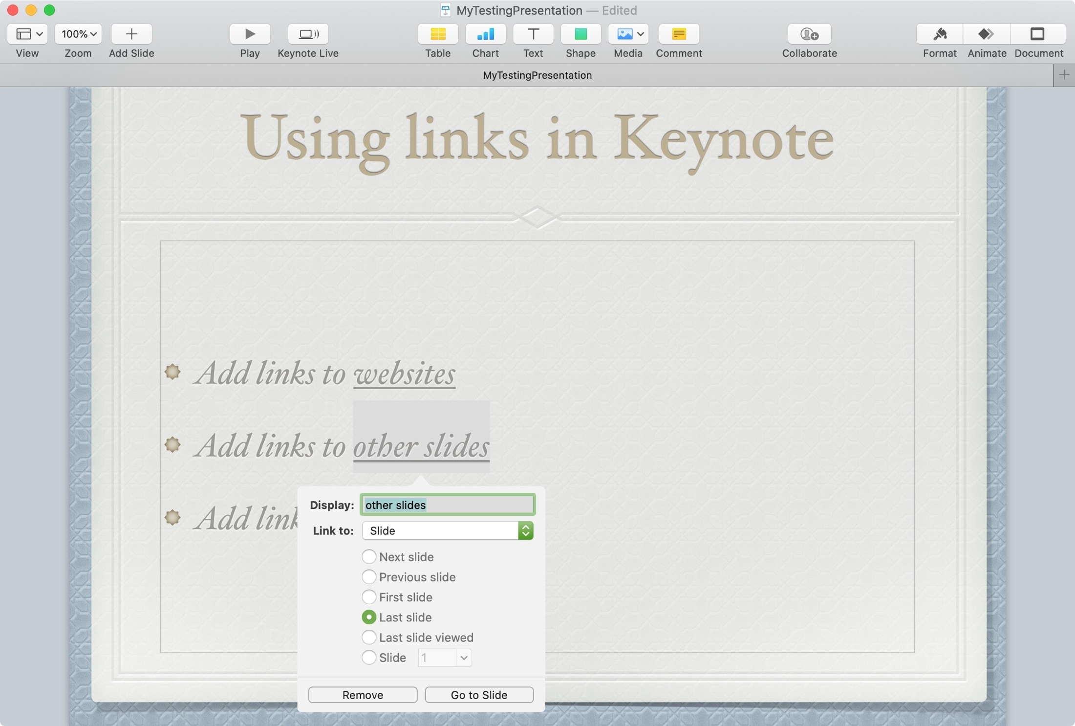 Keynote Mac Link a Slide