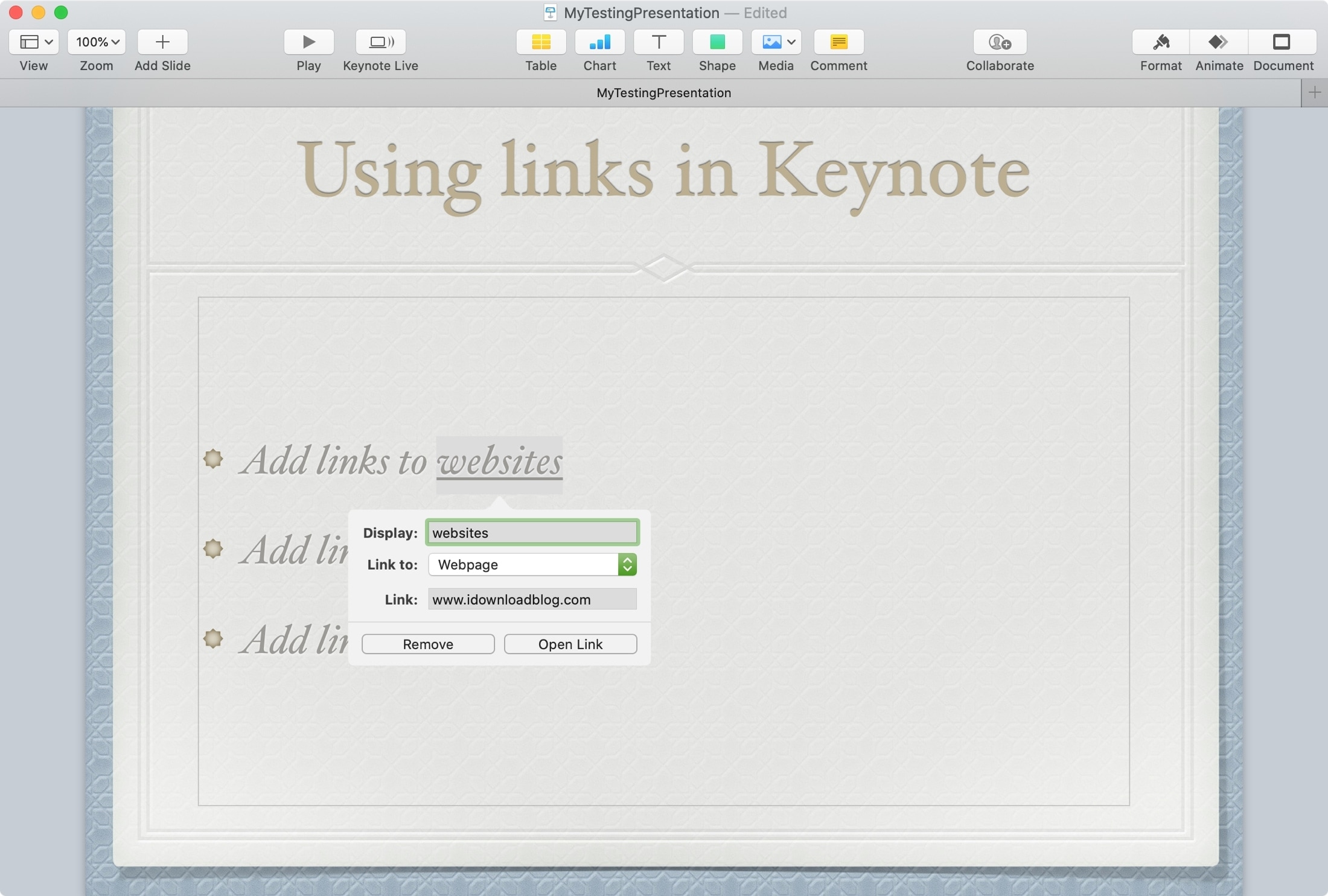 Keynote Mac Collegamento alla pagina Web