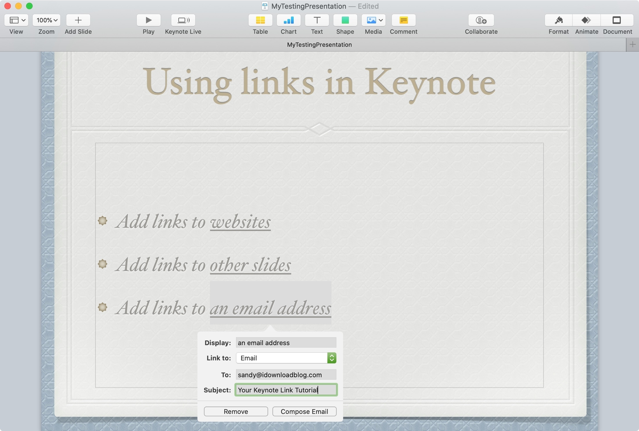 Keynote Mac Link all'e-mail