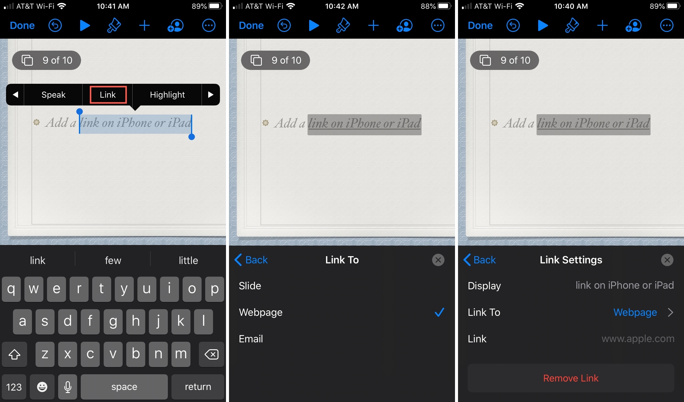 Keynote iPhone Link alla pagina web