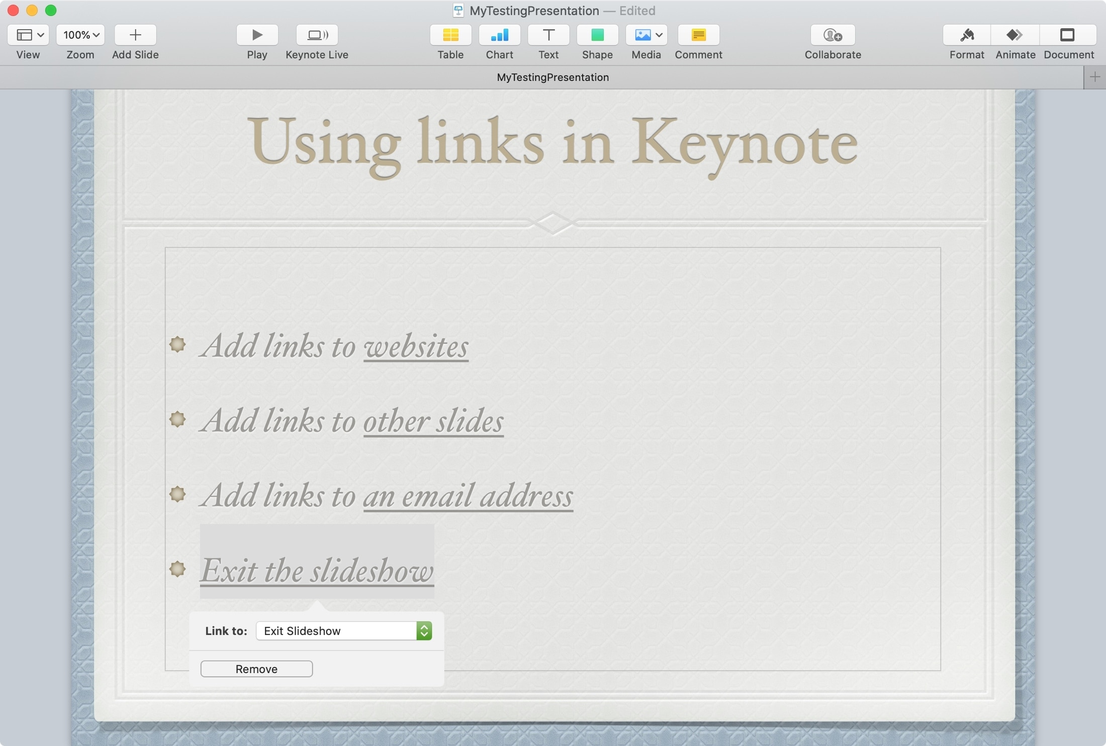 Keynote Mac Link per uscire