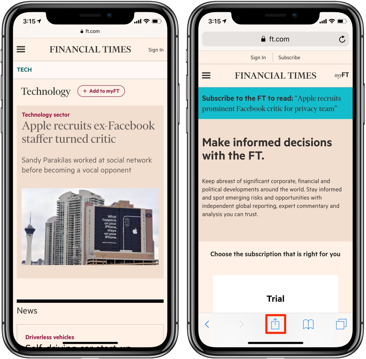 Come aggirare i paywall degli articoli: il paywall del Financial Times, il menu Condividi evidenziato in Safari