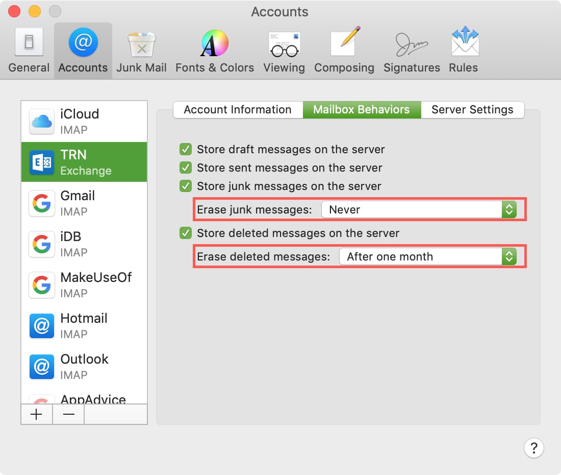 Account di scambio in Mac Mail Cancella messaggi