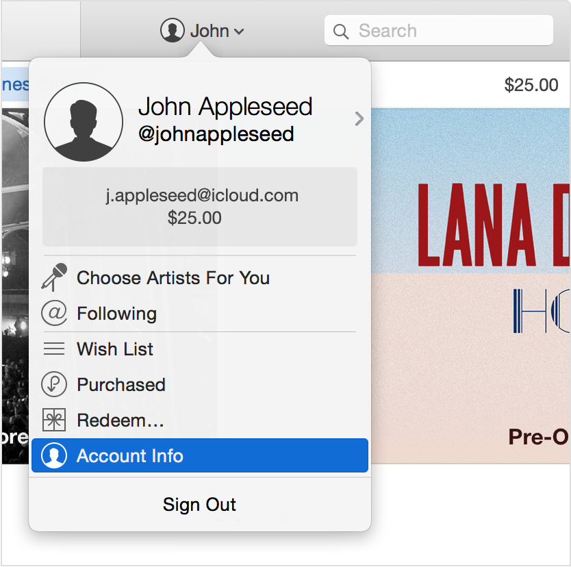 Menu Informazioni account iTunes Schermata Mac 001