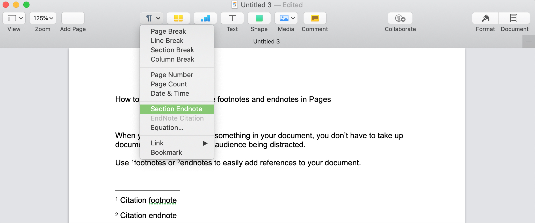 Pagine Inserisci nota di chiusura Mac