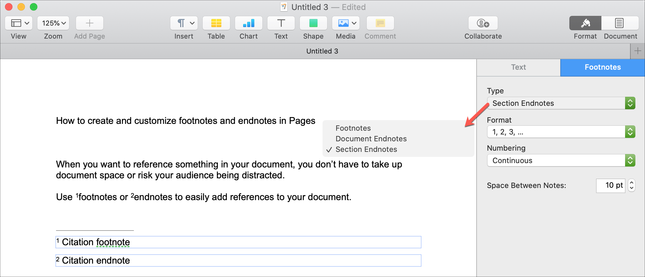 Conversione di pagine in Endnote Mac