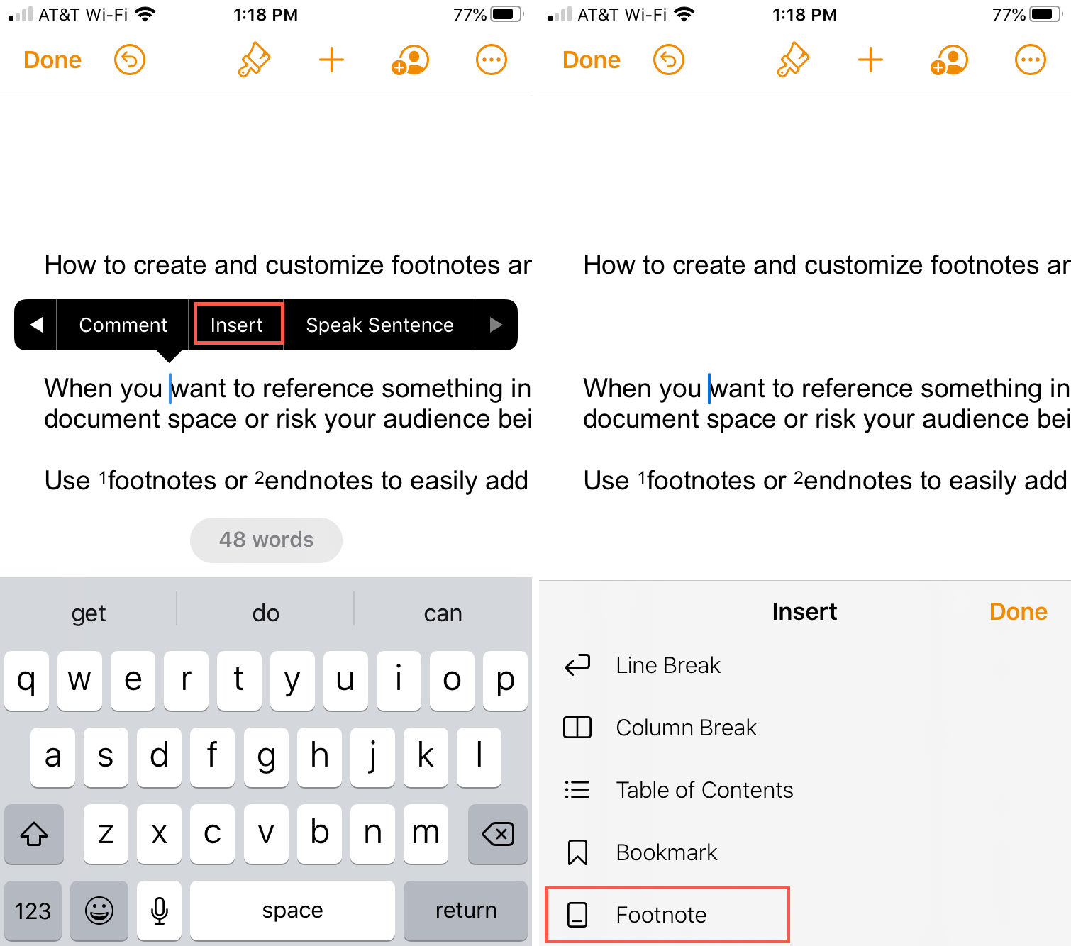 Pagine Inserisci nota a piè di pagina iPhone