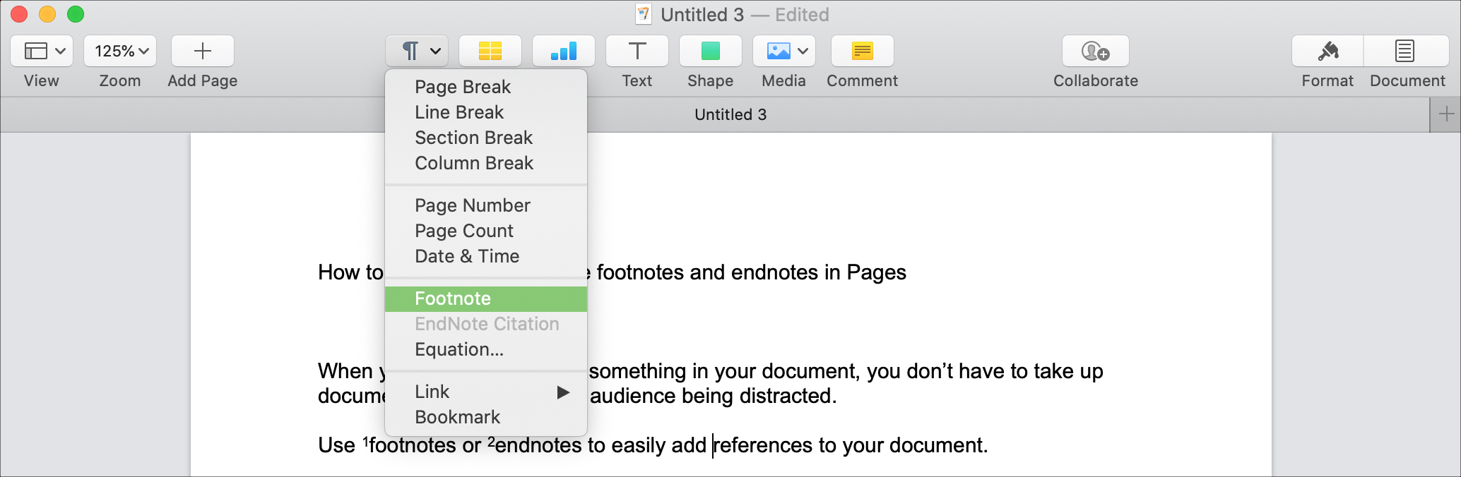 Pagine Inserisci nota a piè di pagina Mac