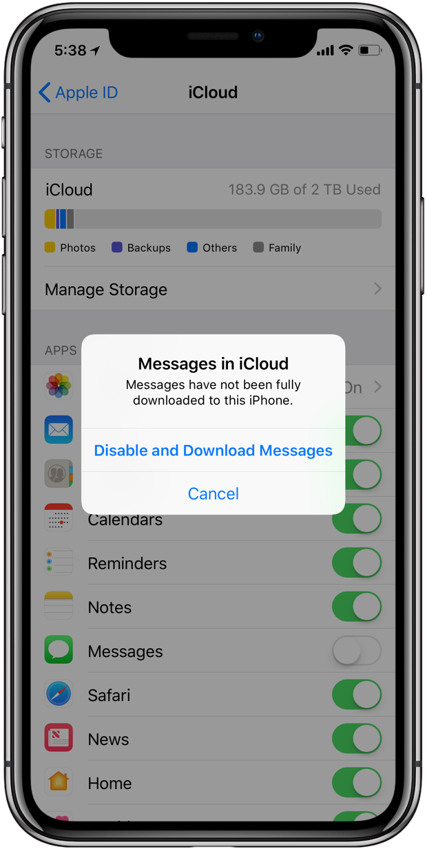 Messaggi Apple Sincronizzazione iCloud disabilitata