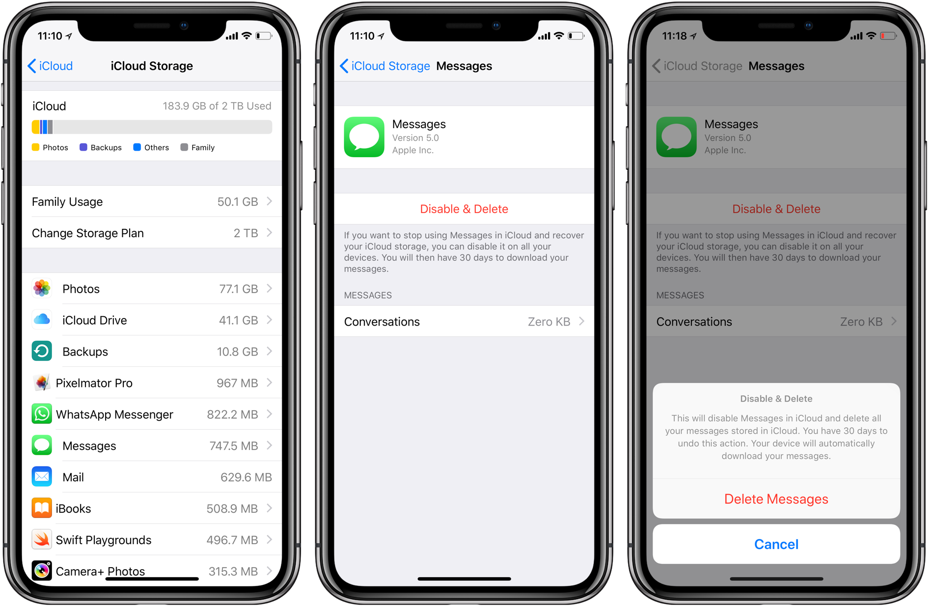 Messaggi Apple Sincronizzazione iCloud disabilita l'eliminazione