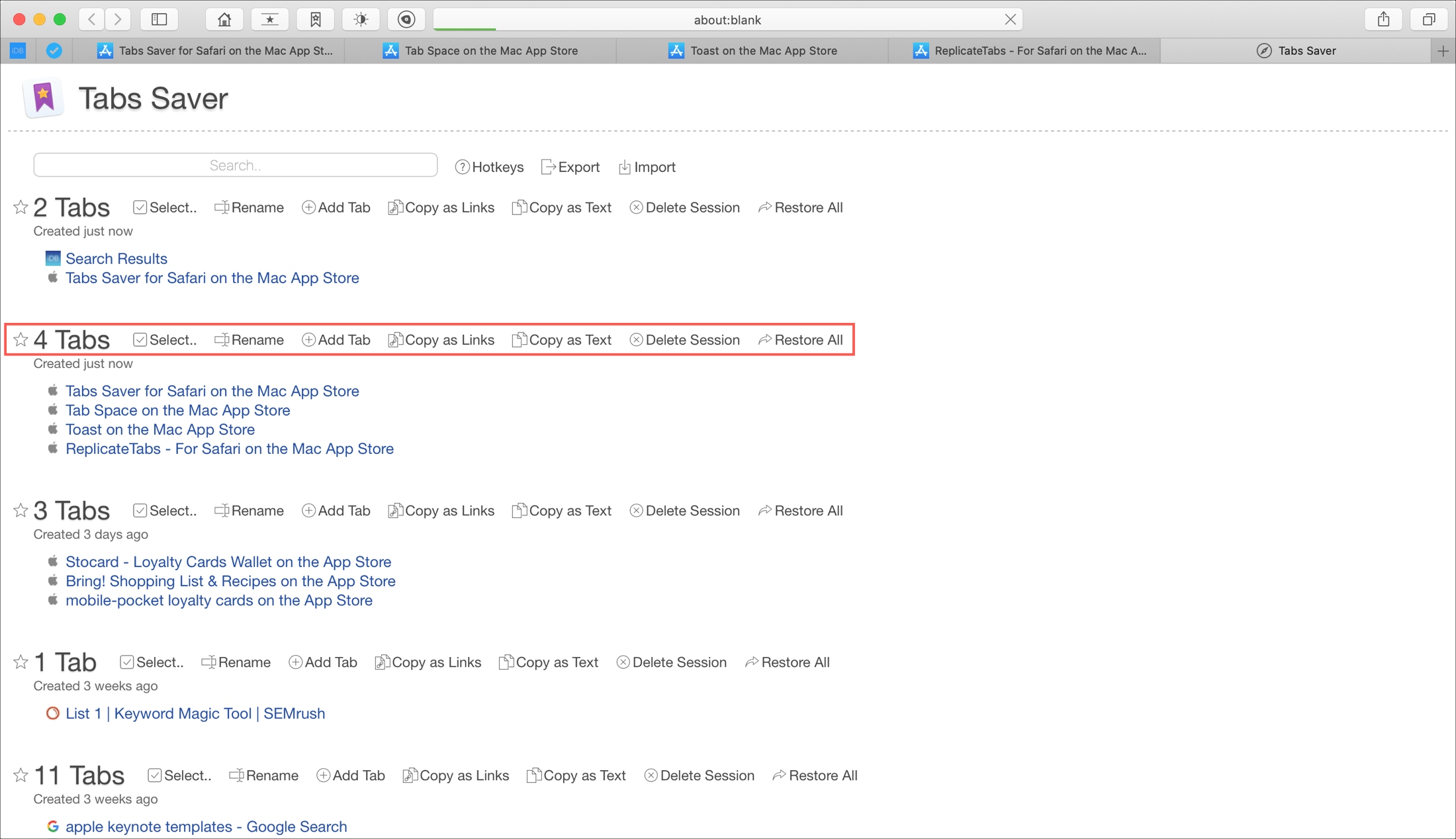 Schermo Tab Saver per Safari Mac