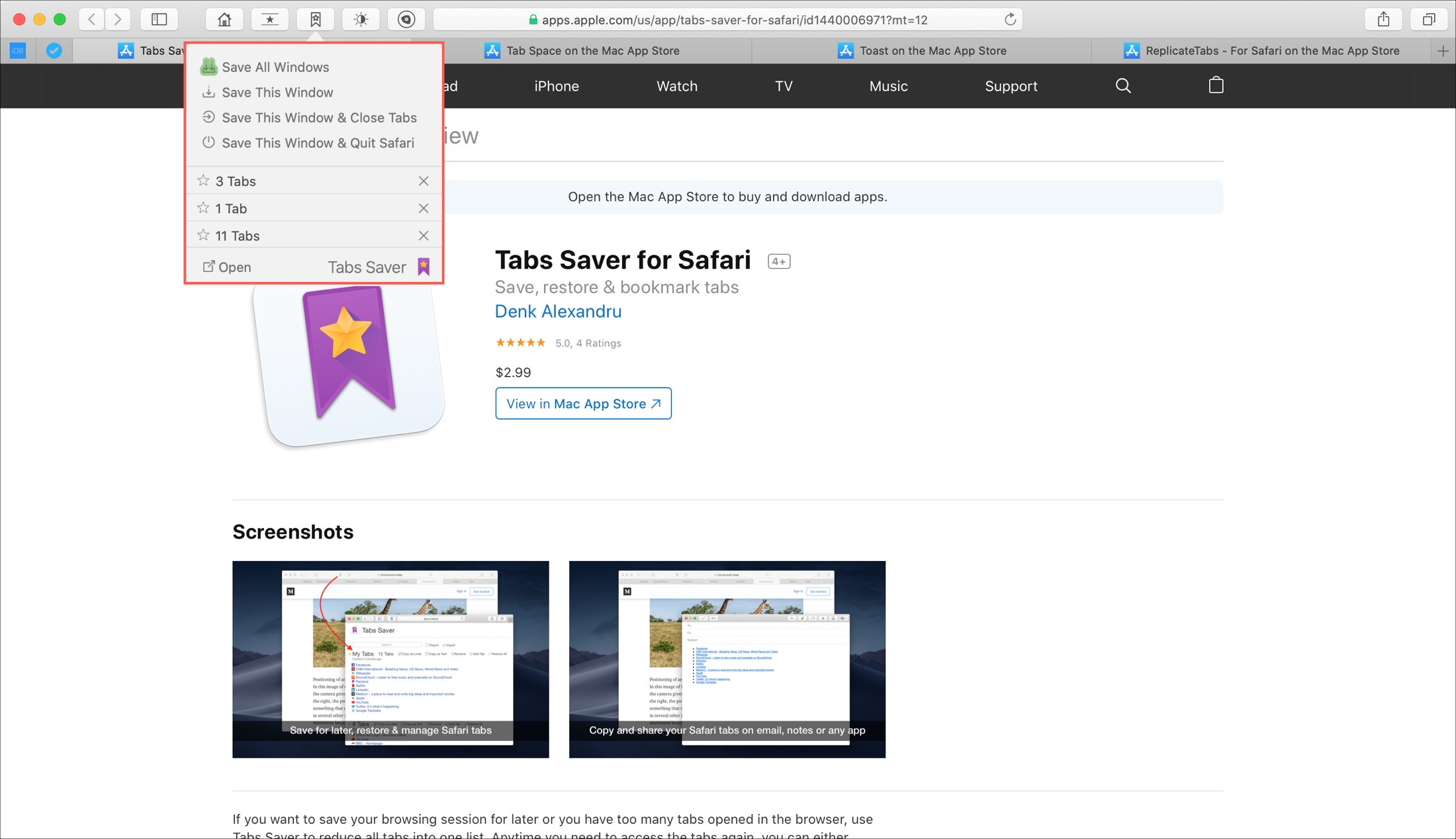 Opzioni di risparmio schede per Safari Mac