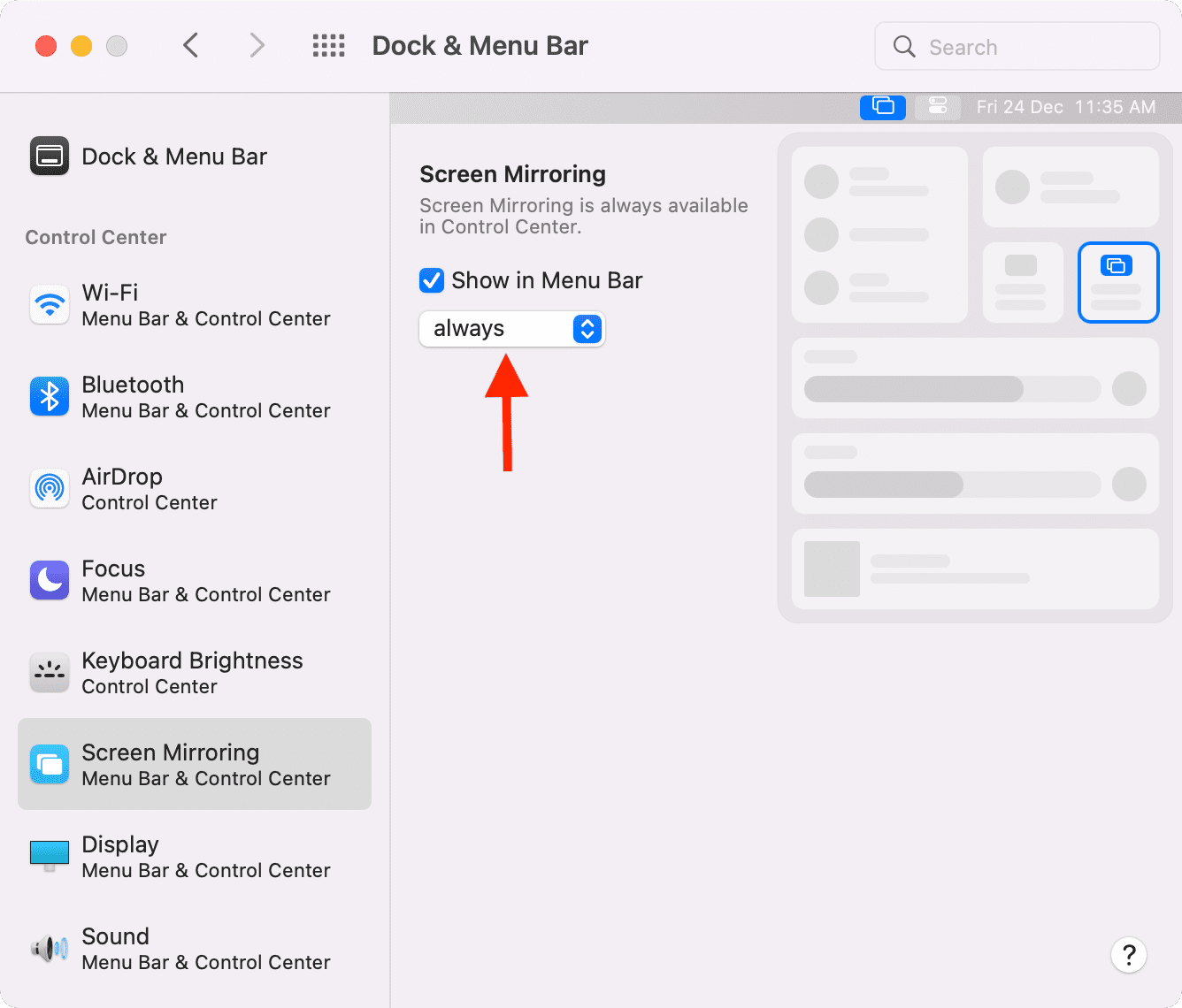 Preferenze di sistema per il mirroring dello schermo Mac