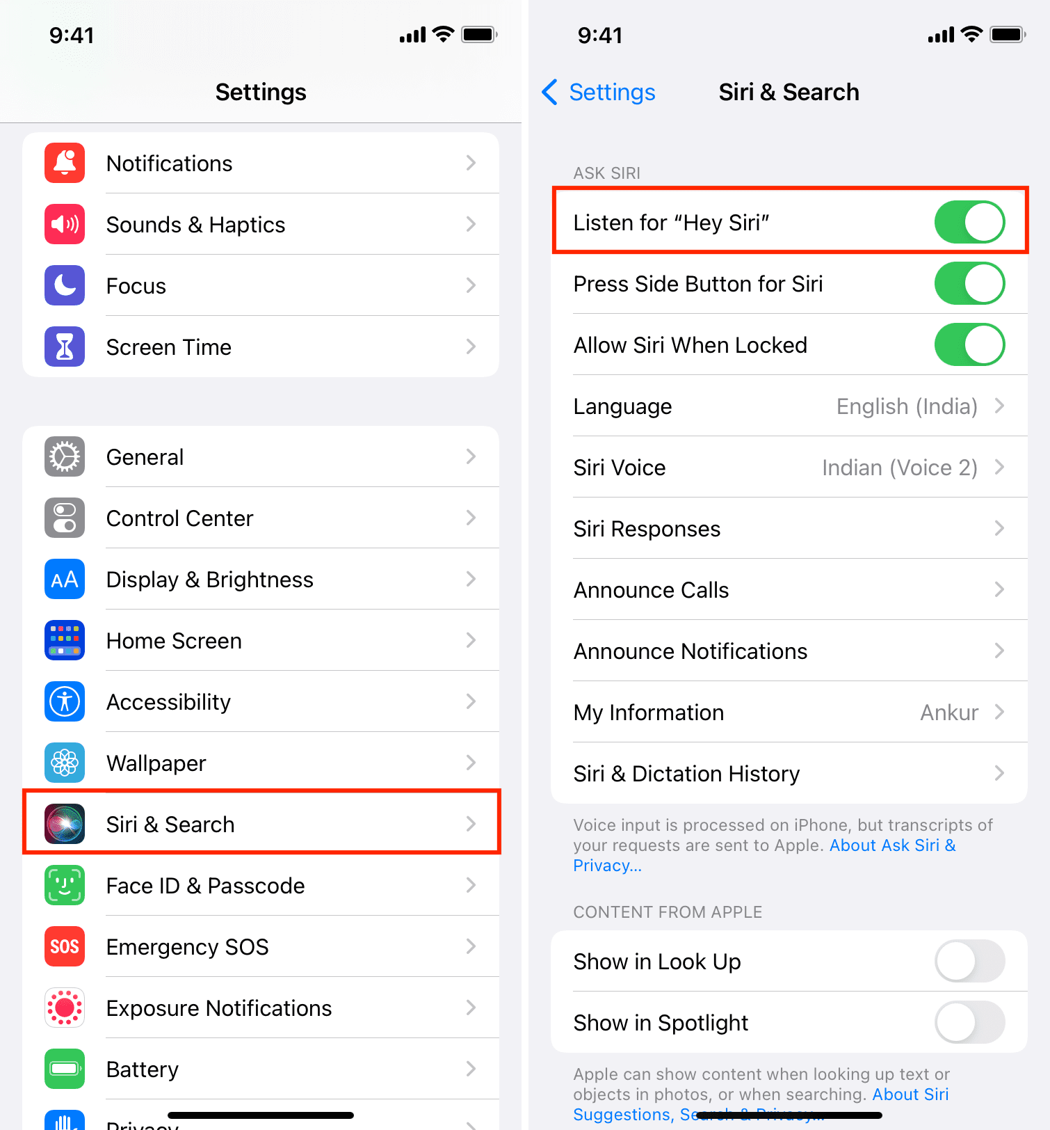 Abilita Ascolta Hey Siri nelle impostazioni di Siri e Cerca su iPhone