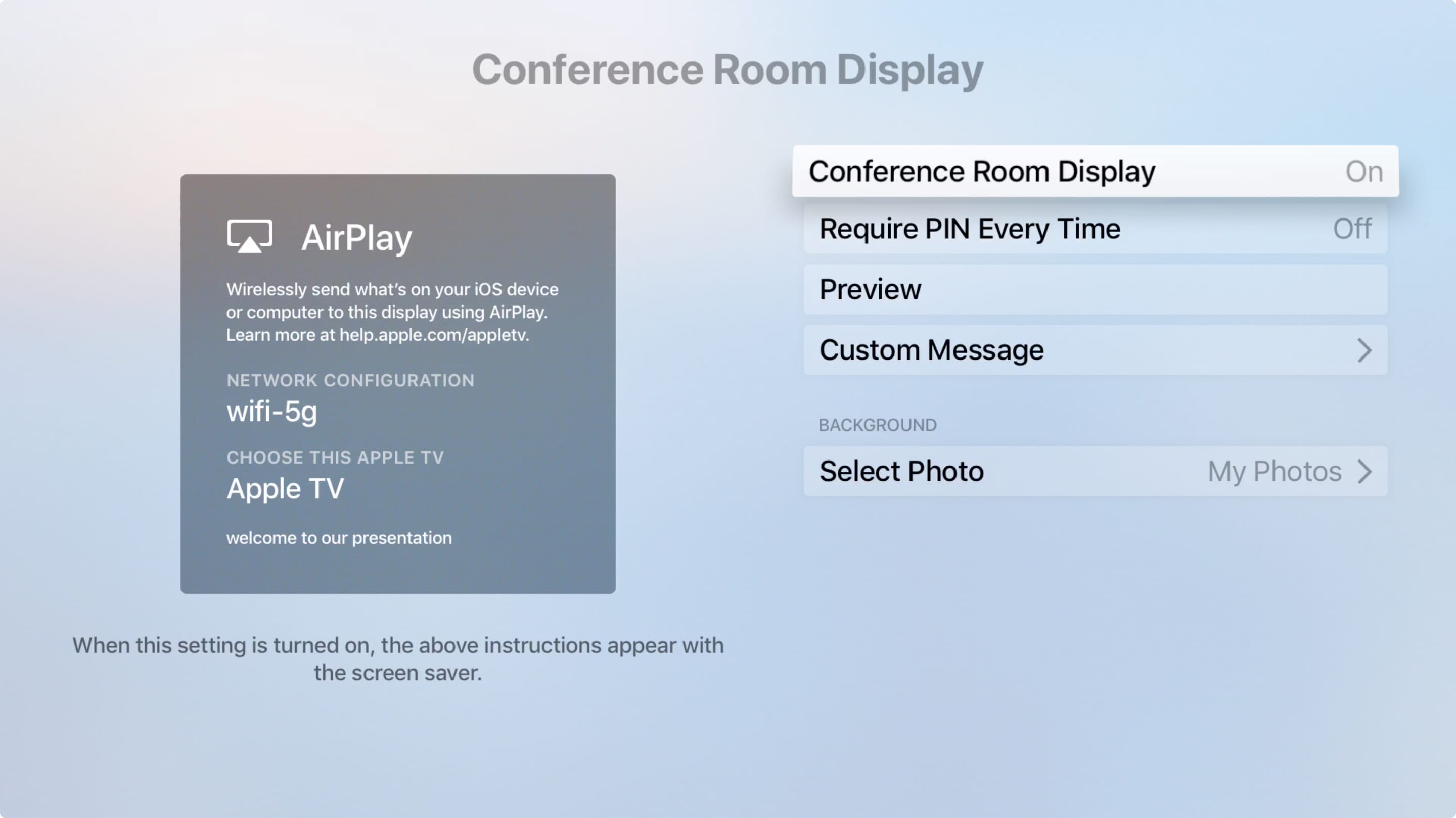 Attiva il display della sala conferenze Apple TV