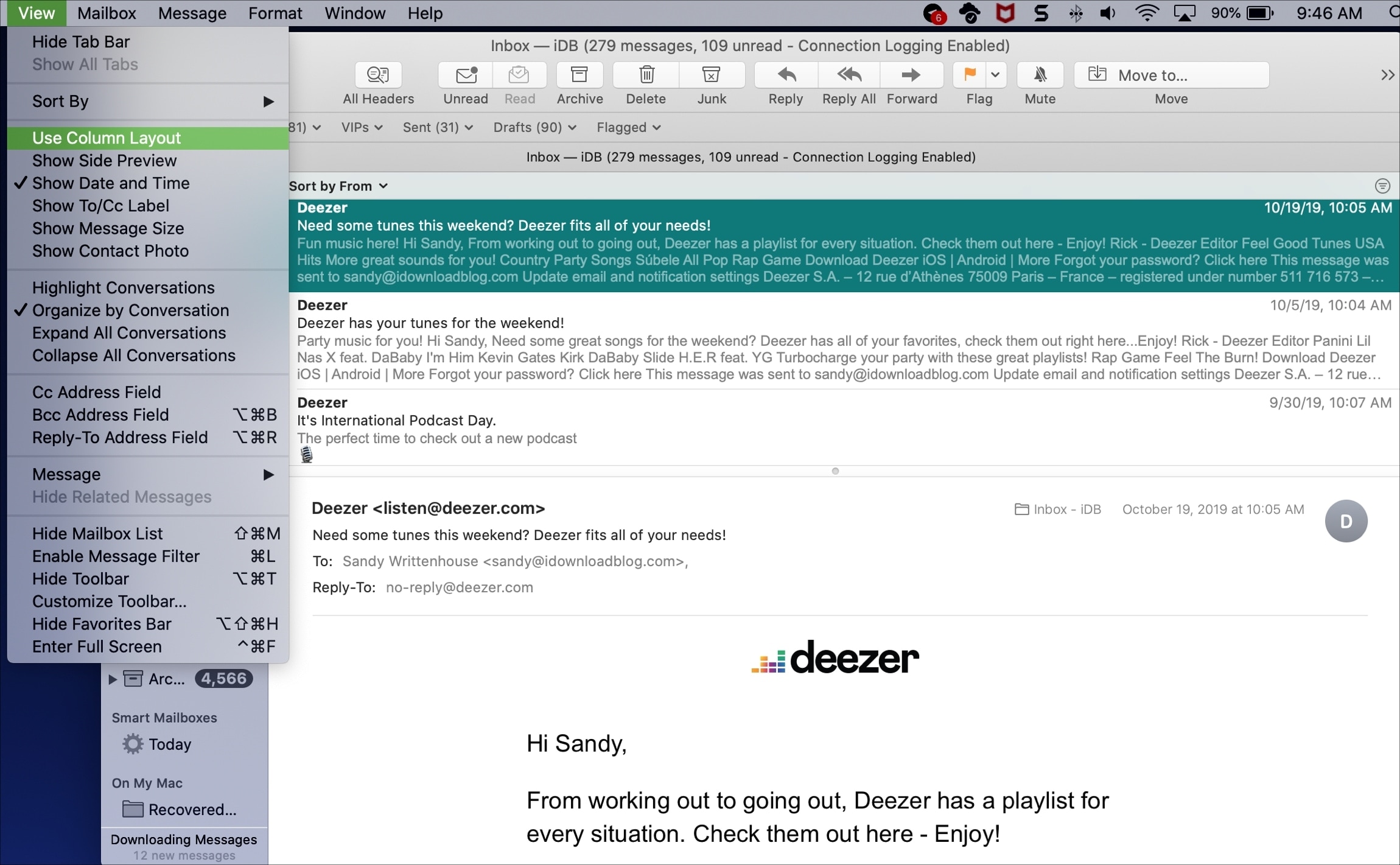 Deseleziona Usa layout colonna Mail Mac