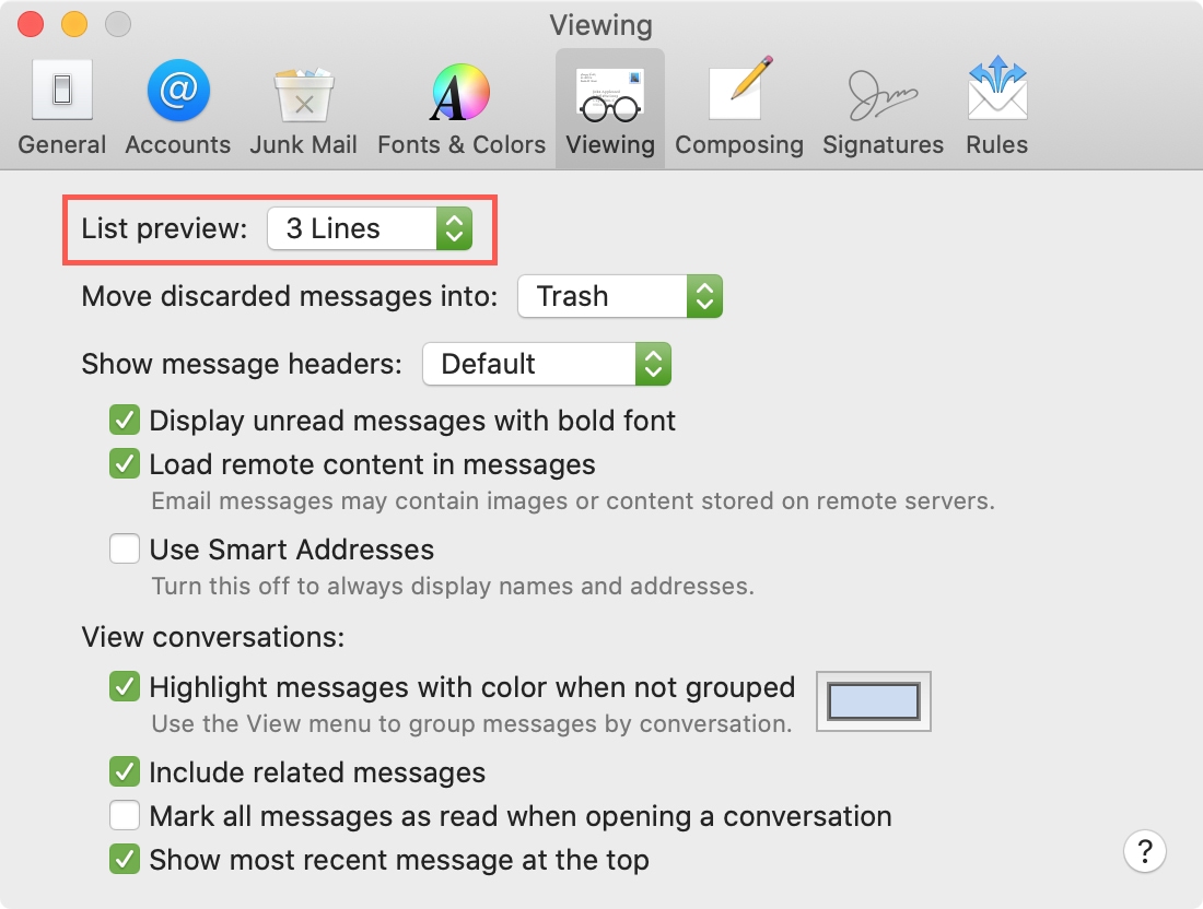 Elenca righe di anteprima Mail Mac