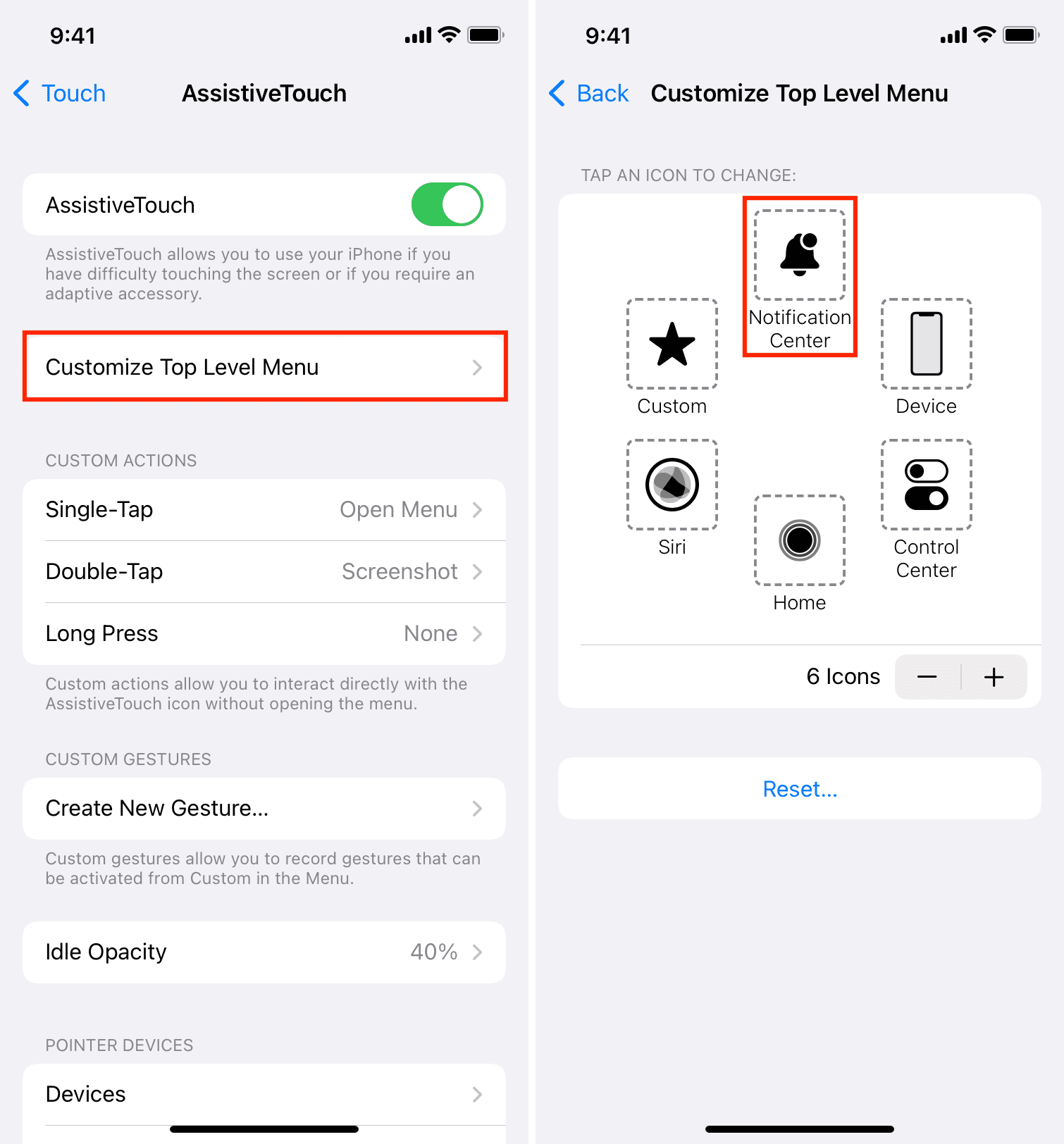 Personalizza il menu di primo livello AssistiveTouch iOS
