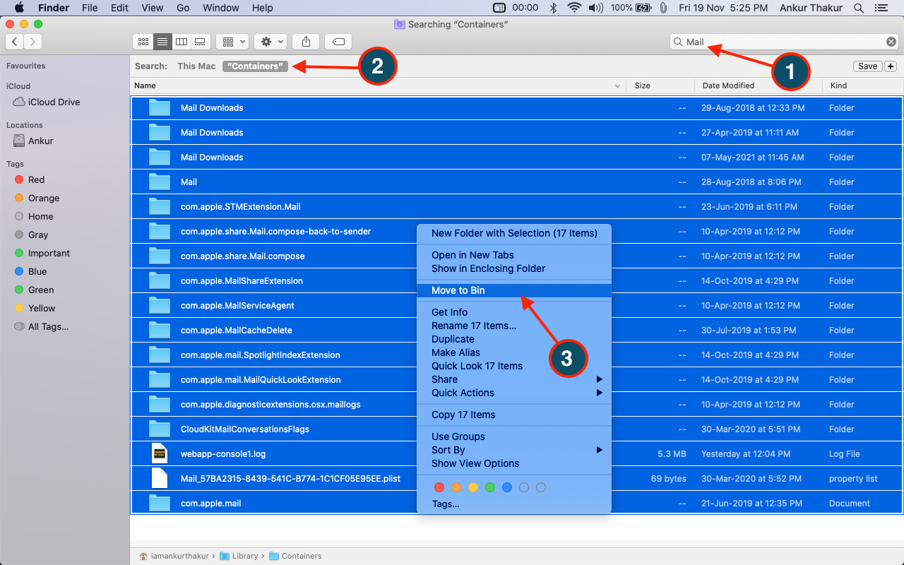 Digita Posta nella casella di ricerca del Finder seleziona Contenitori ed elimina tutte le cartelle e i file relativi a Posta