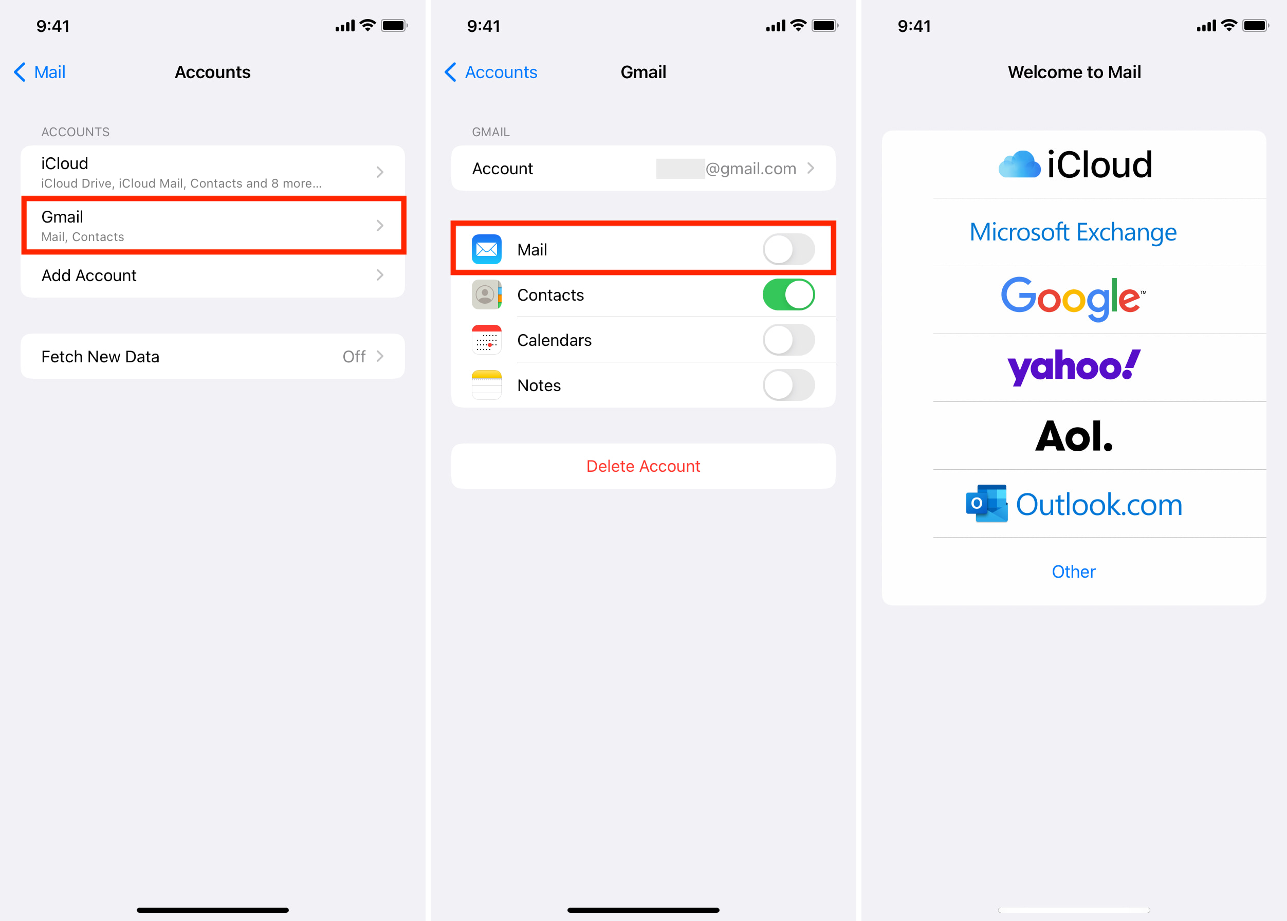 Disattiva la posta di Gmail nelle impostazioni della posta di iPhone per ripristinarla