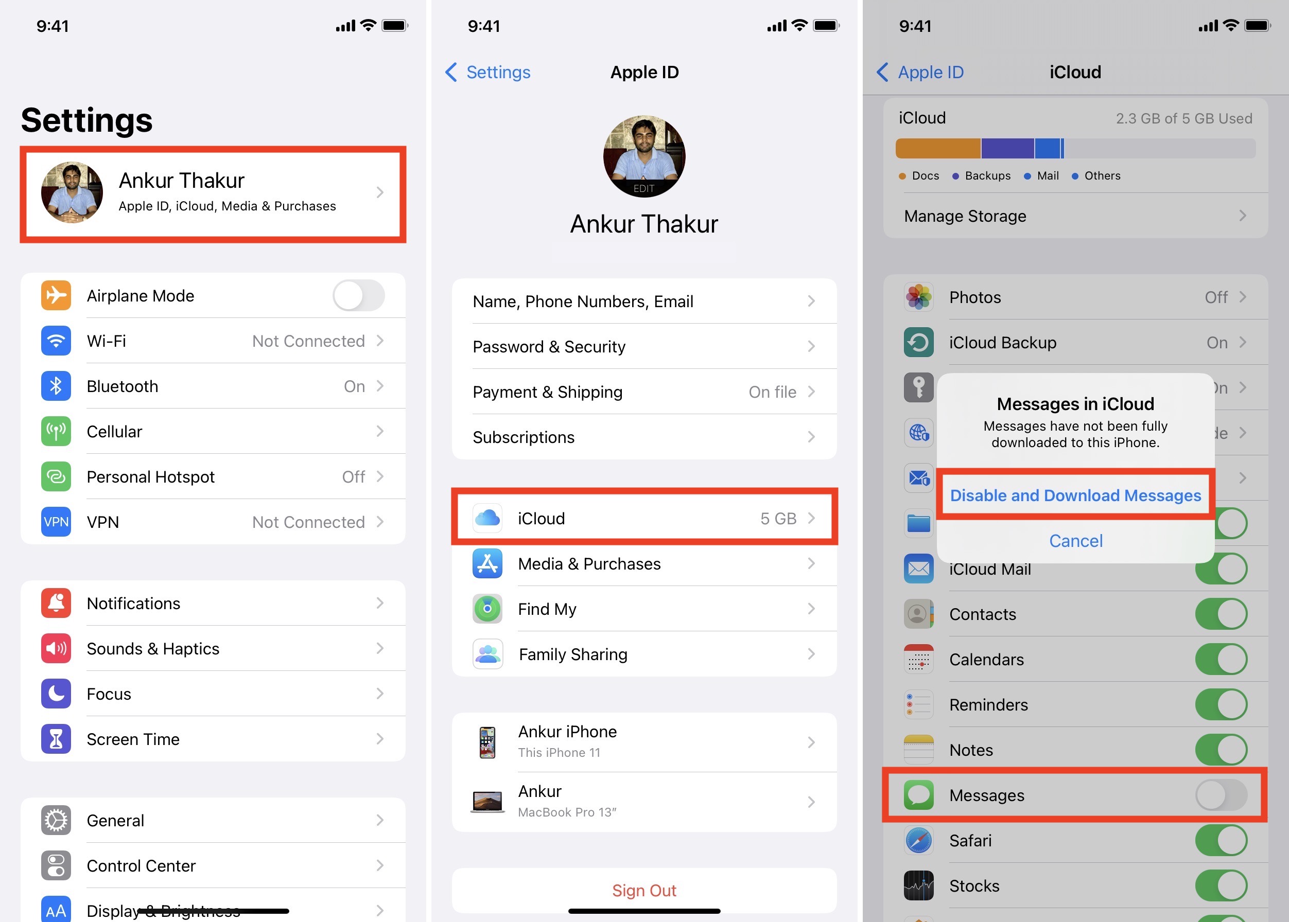 Disattiva e scarica i messaggi nelle impostazioni di iCloud di iPhone
