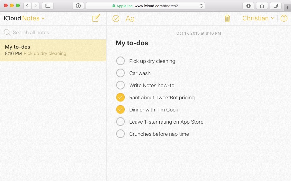 Schermata web di iCloud Notes 002