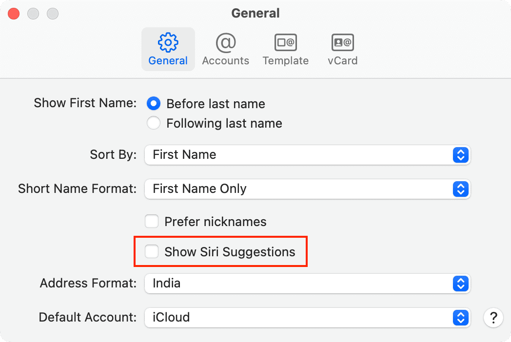 Disattiva Mostra suggerimenti Siri nei contatti su Mac