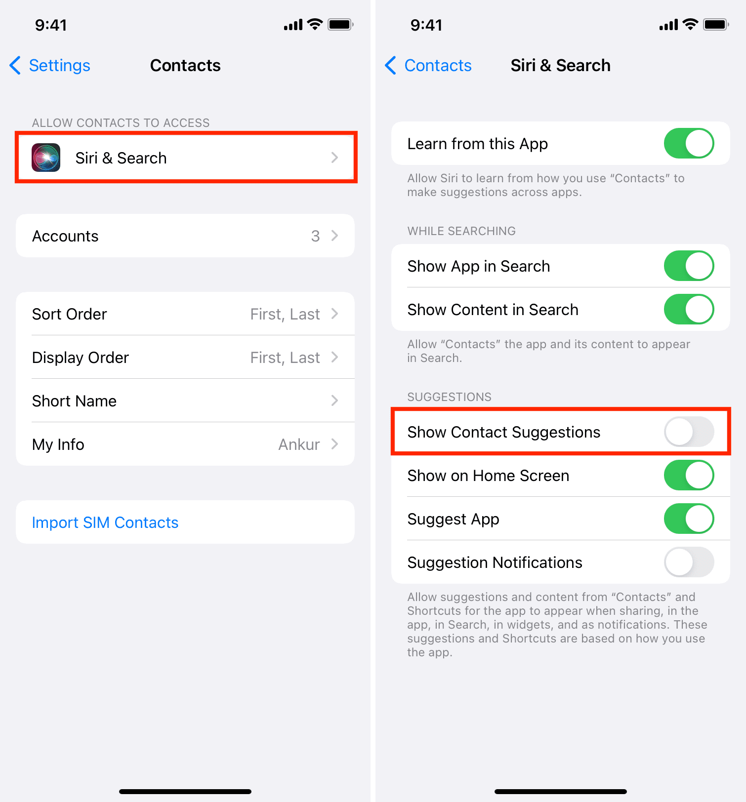 Disattiva Mostra suggerimenti di contatto su iPhone