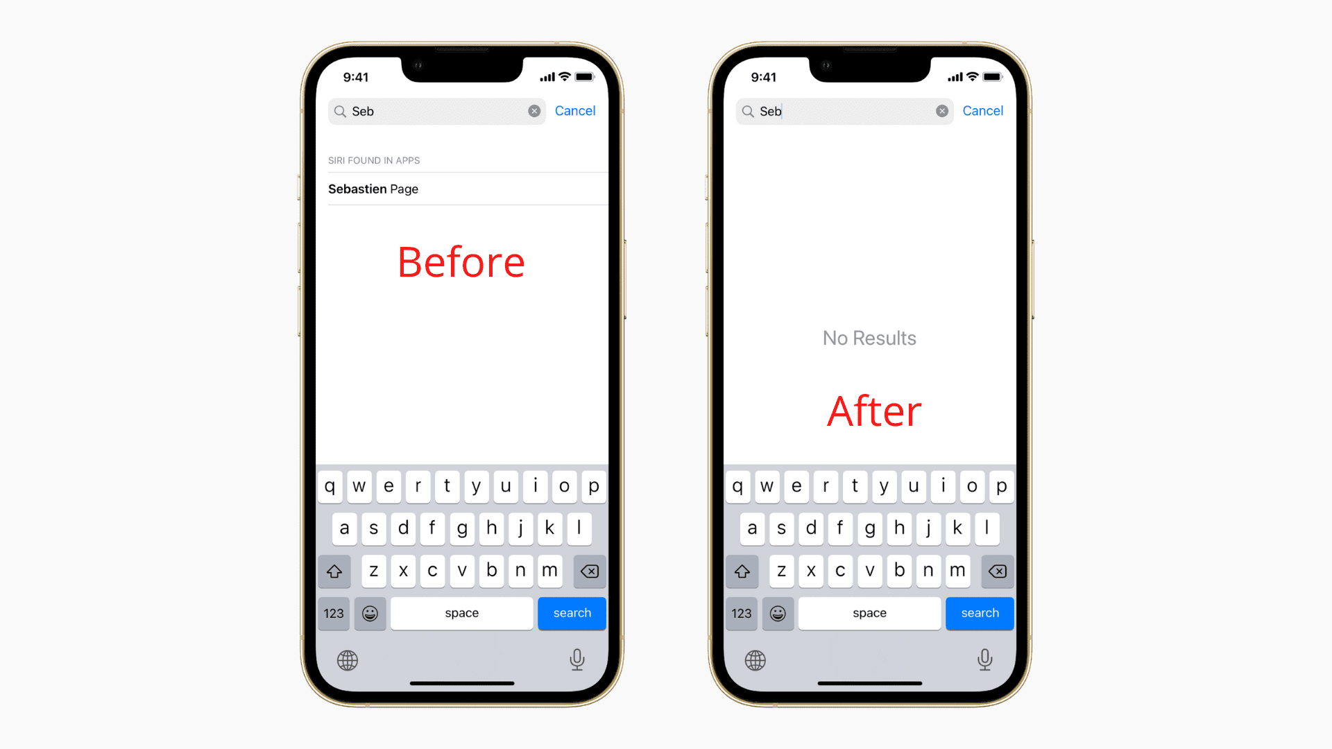Due screenshot di iPhone che mostrano suggerimenti di contatto Siri abilitati e disabilitati