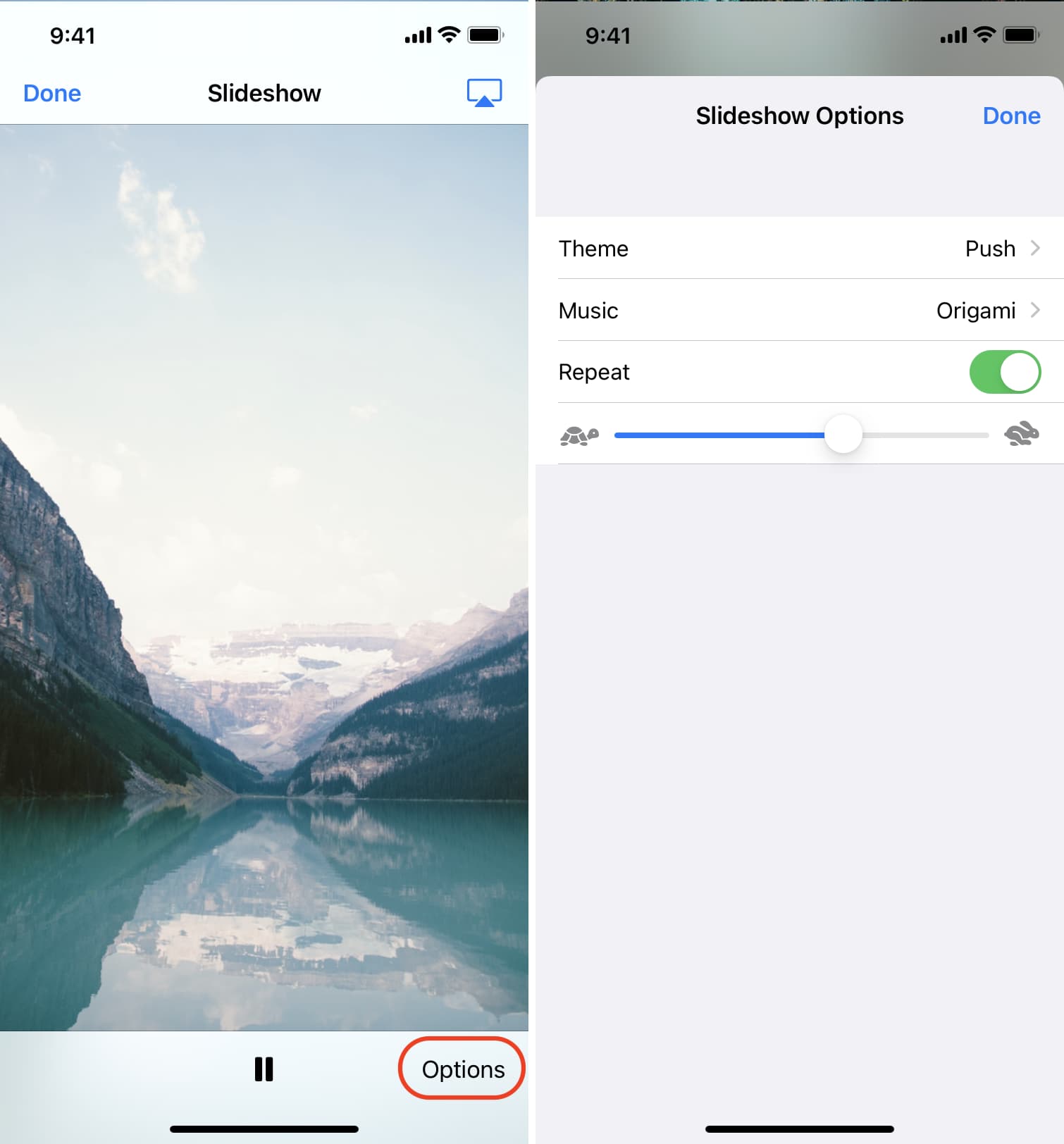 Opzioni di presentazione nell'app Foto di iPhone