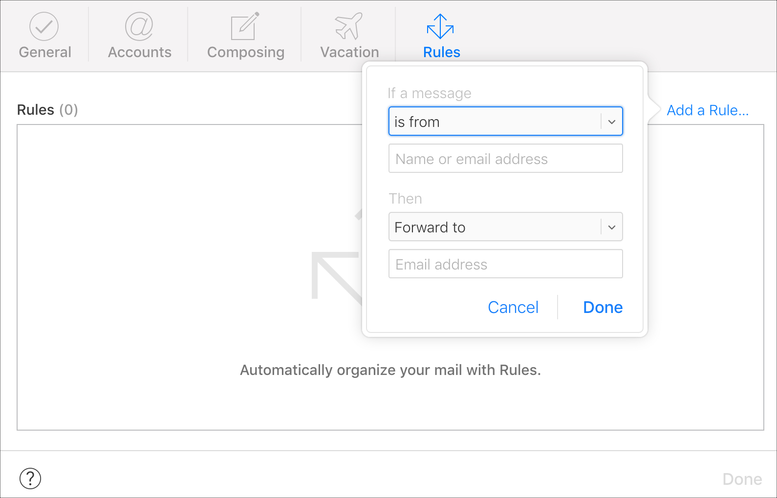 Regola di inoltro e-mail di iCloud