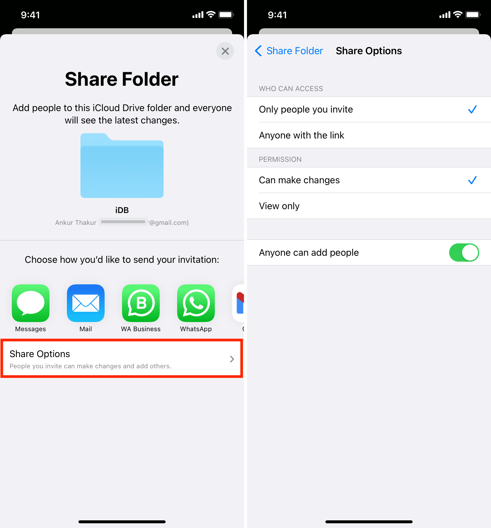 Opzioni di condivisione della cartella iCloud Drive su iPhone