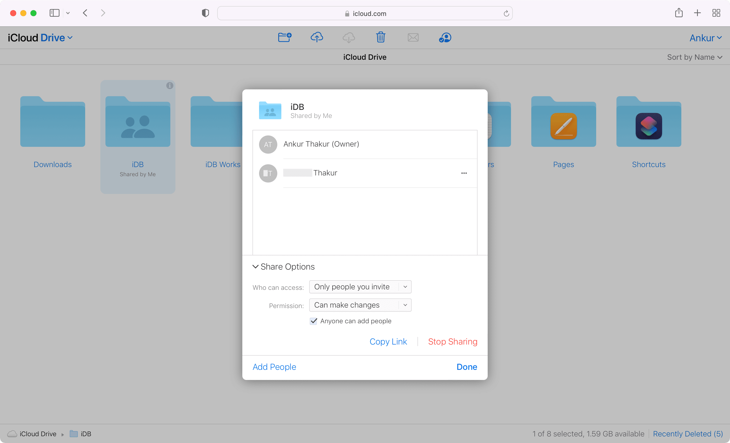 Opzioni di condivisione di iCloud Drive in un browser web