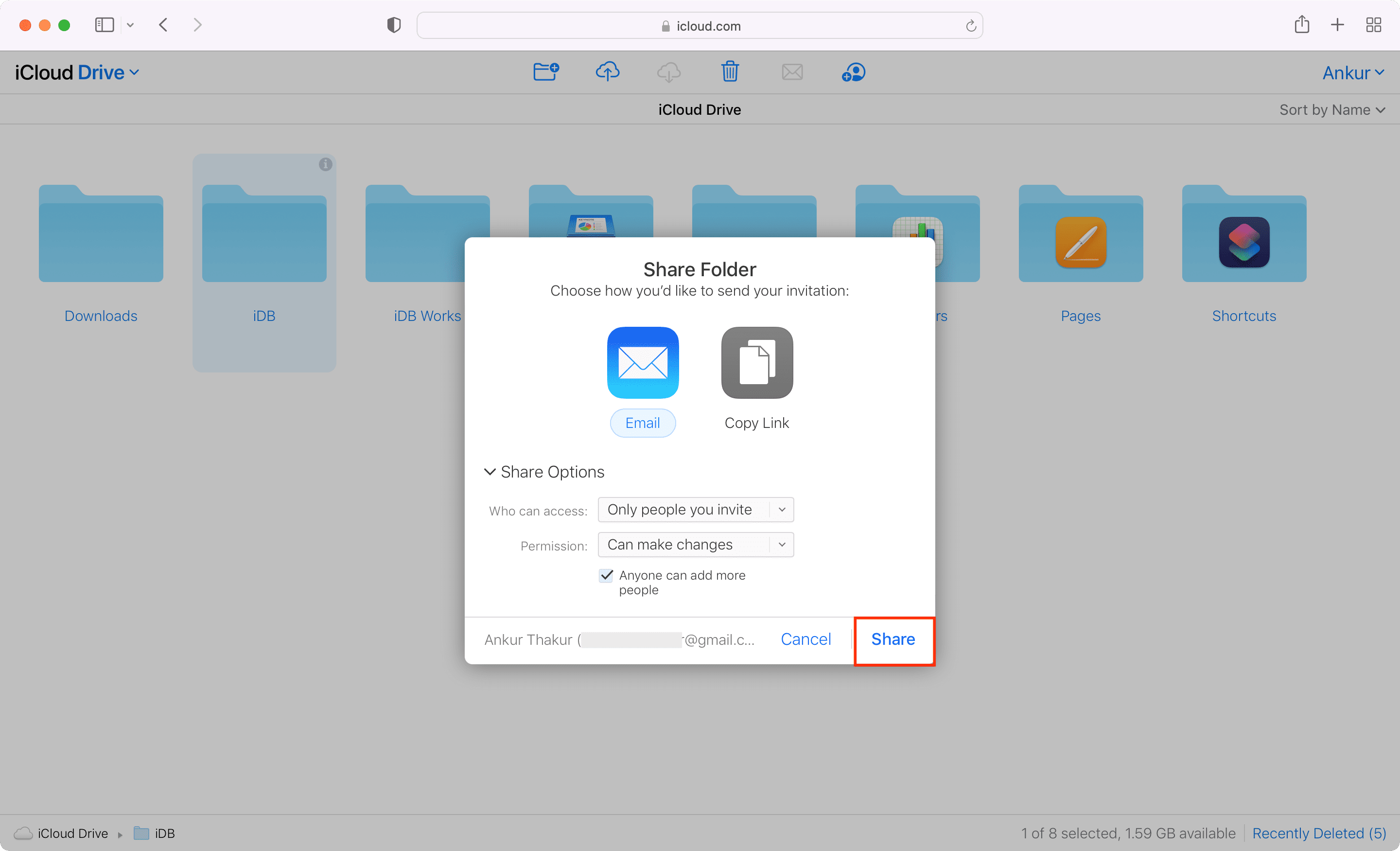 Opzioni di condivisione per le cartelle di iCloud Drive sul Web