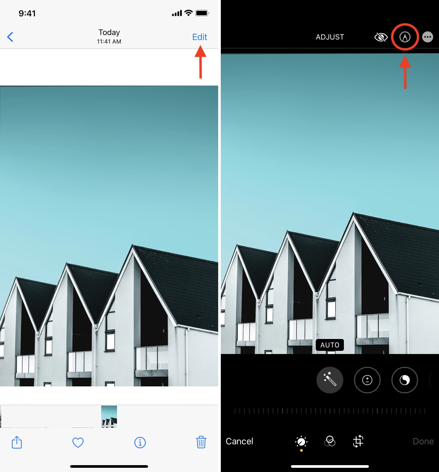 Tocca Modifica e quindi il pulsante Modifica nell'app Foto su iPhone