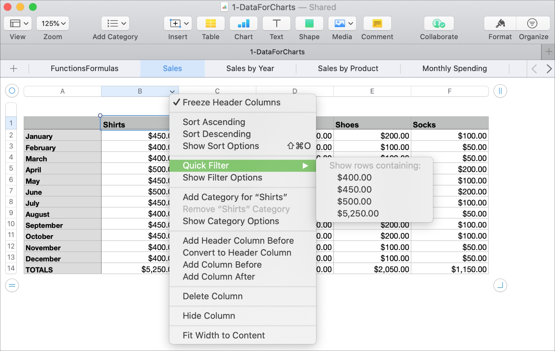 Filtro rapido per Mac di Numbers