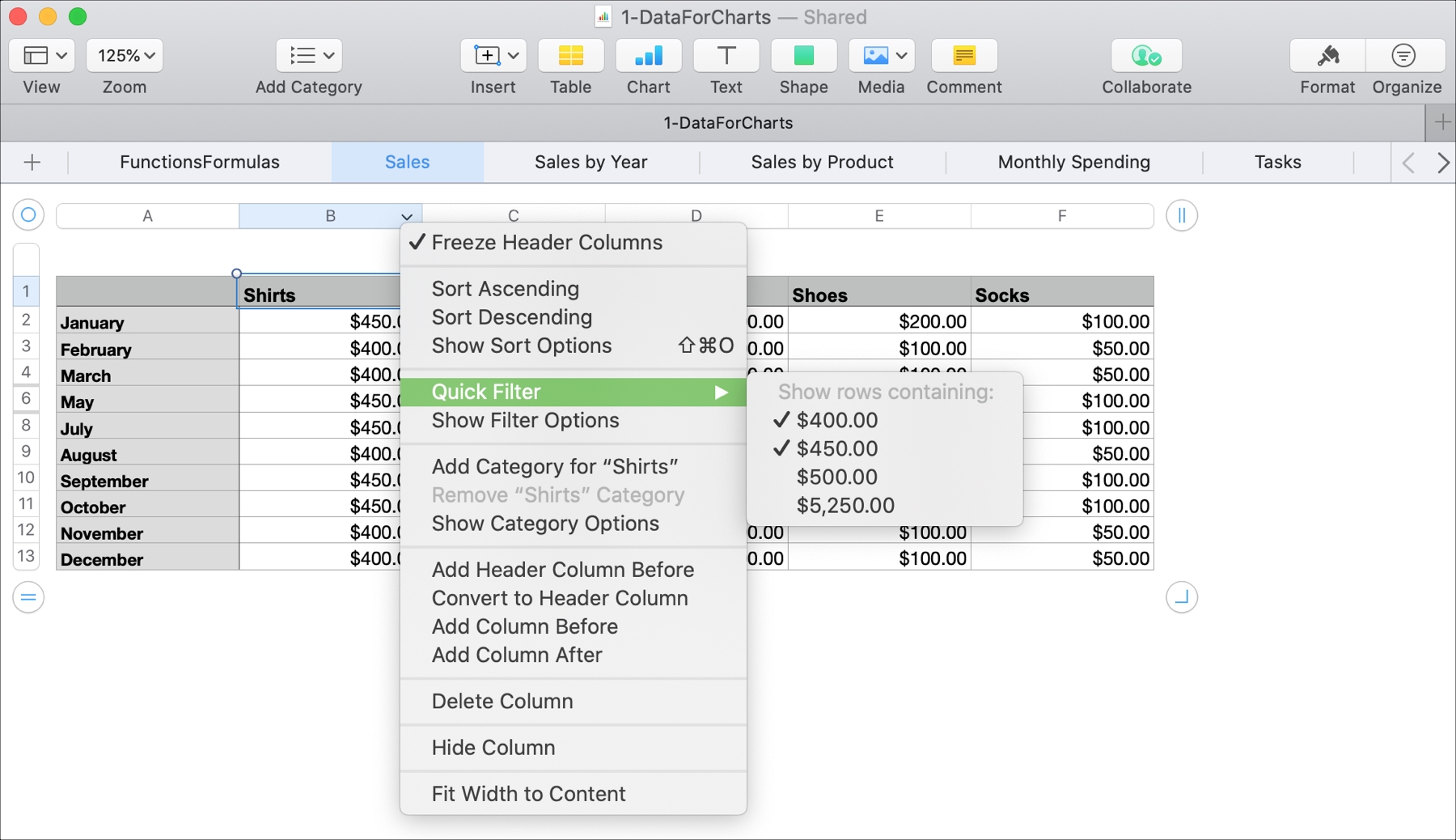 Numbers Filtri rapidi per Mac