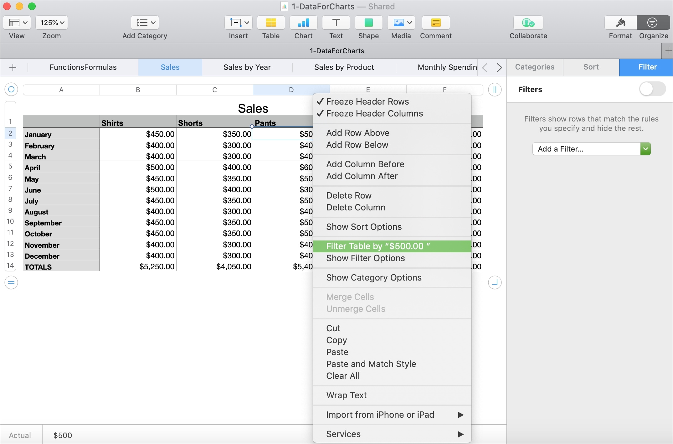 Filtro cellulare rapido per Mac di Numbers