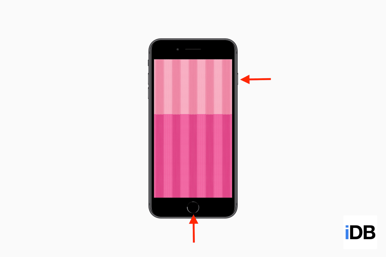 Un mockup di iPhone con il pulsante Home che mostra le frecce che puntano i pulsanti per acquisire uno screenshot