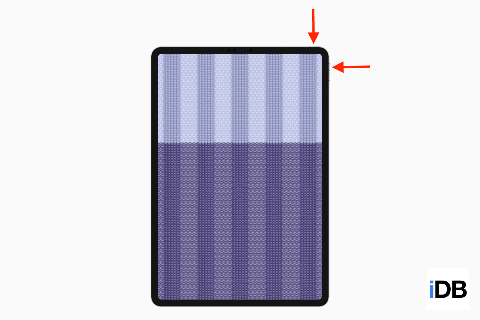 Un mockup di iPad Pro con Face ID che mostra le frecce che puntano i pulsanti per acquisire uno screenshot