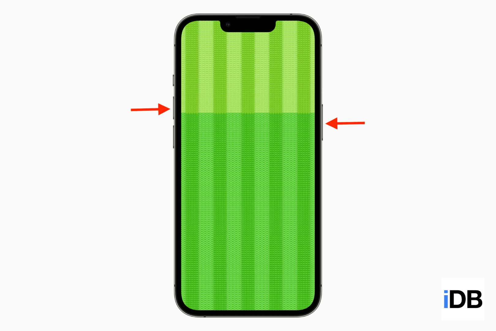 Un mockup di iPhone con Face ID che mostra le frecce che puntano i pulsanti per acquisire uno screenshot