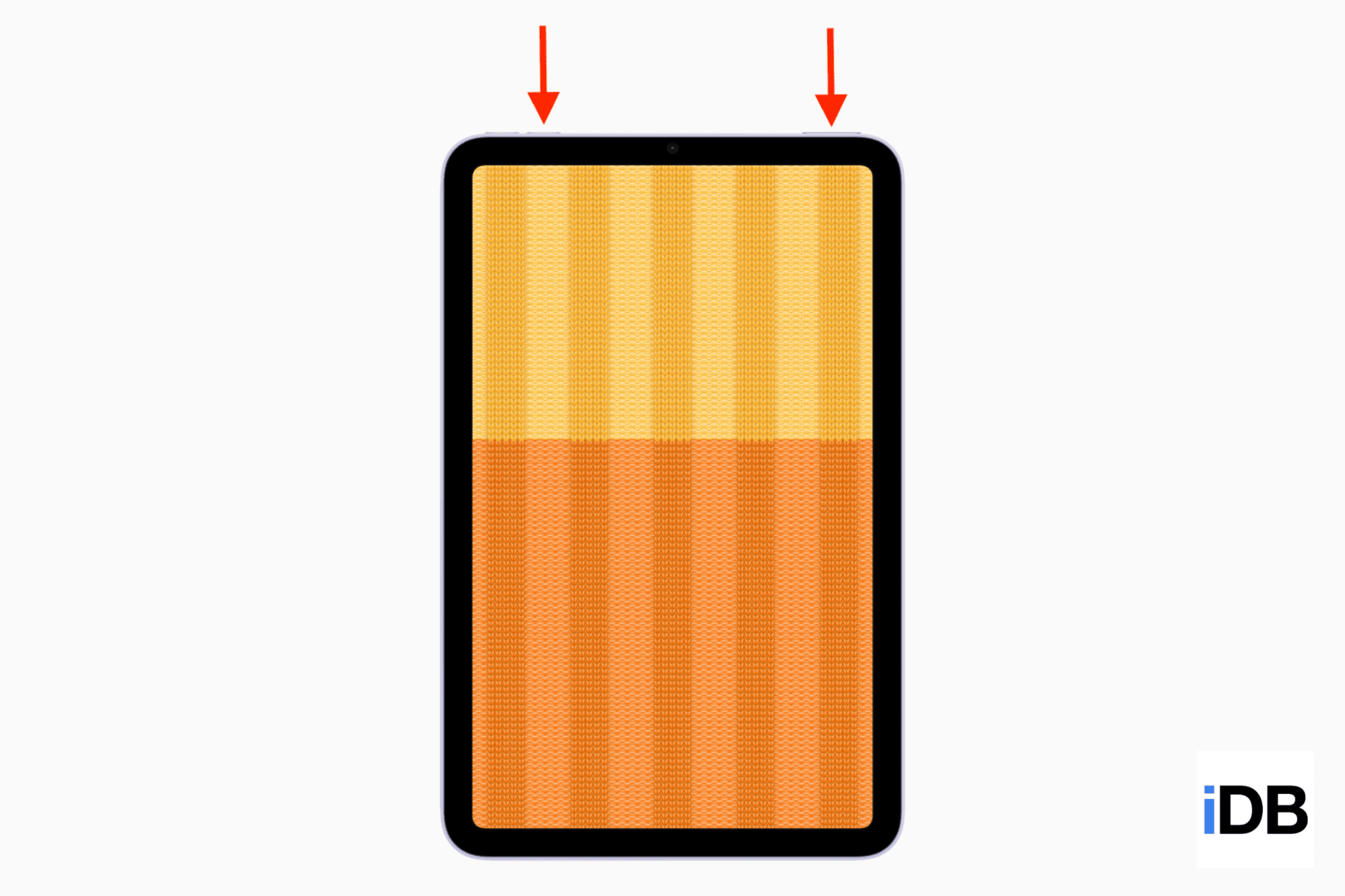 Un mockup del nuovo iPad mini che mostra le frecce che puntano i pulsanti per fare uno screenshot