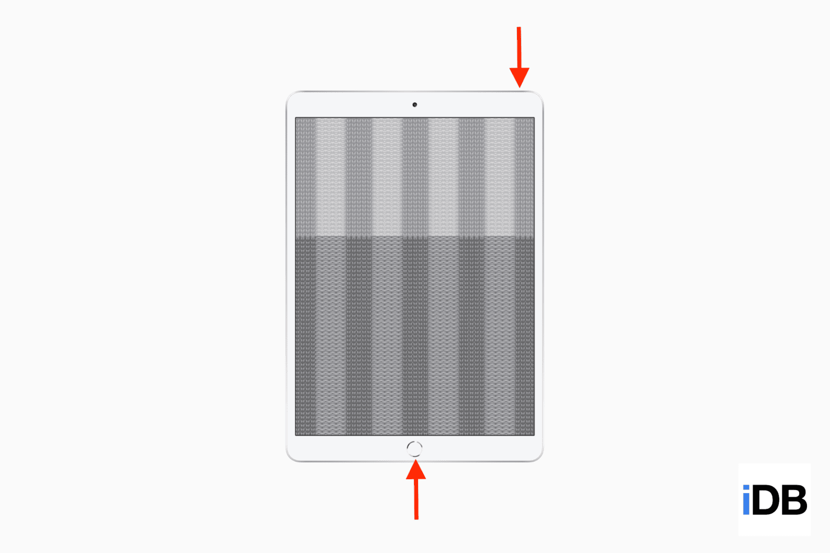 Un mockup di iPad con il pulsante Home che mostra le frecce che puntano i pulsanti per acquisire uno screenshot