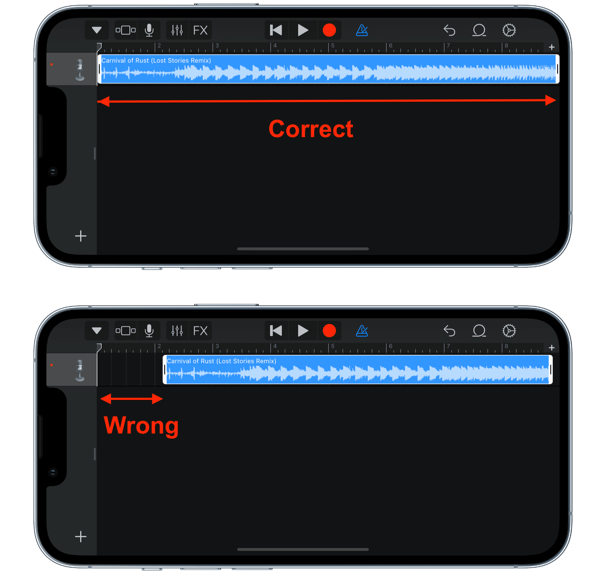 Imposta la posizione corretta del tono nella timeline di modifica di GarageBand