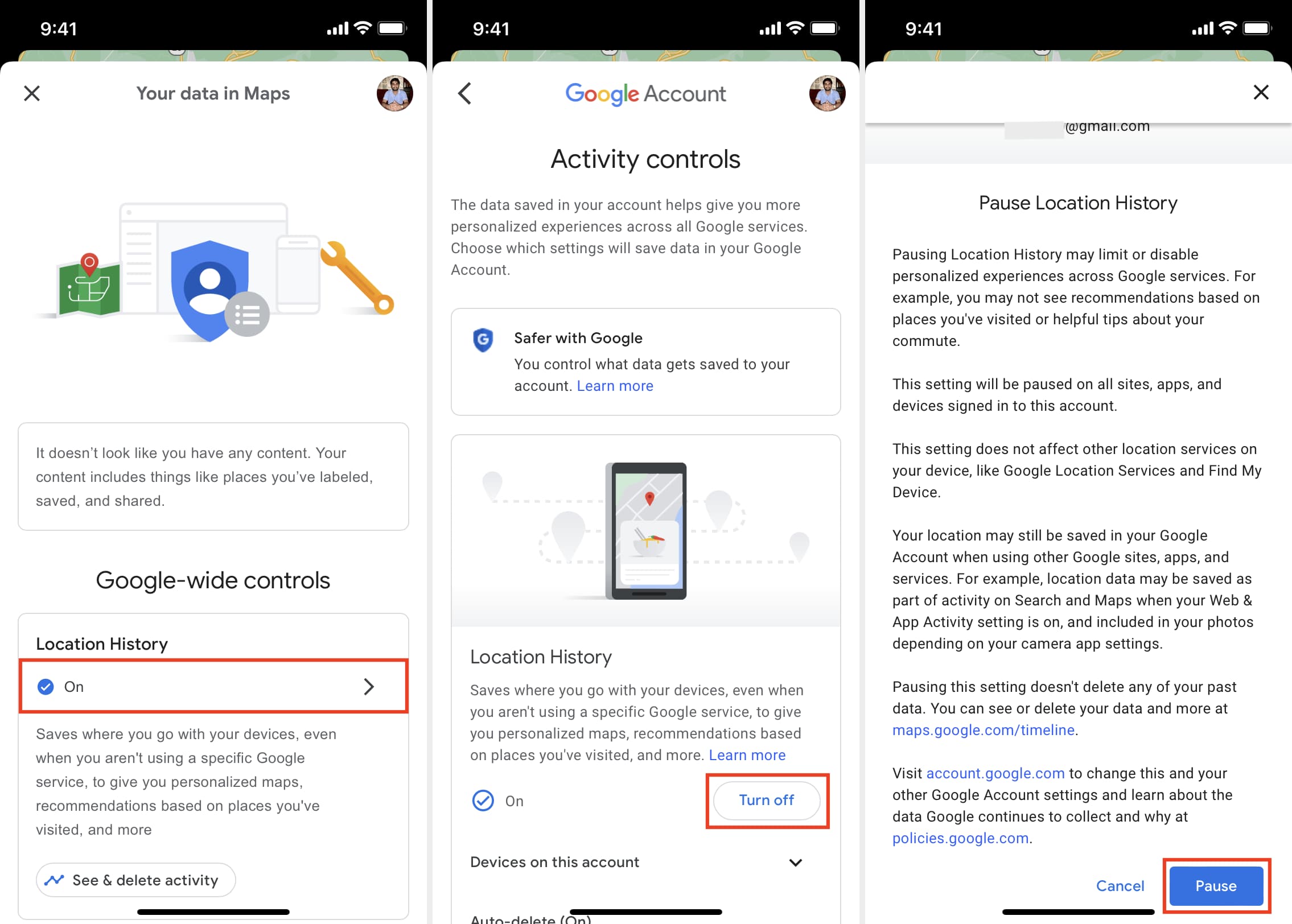 Disattiva la cronologia delle posizioni in Google Maps su iPhone