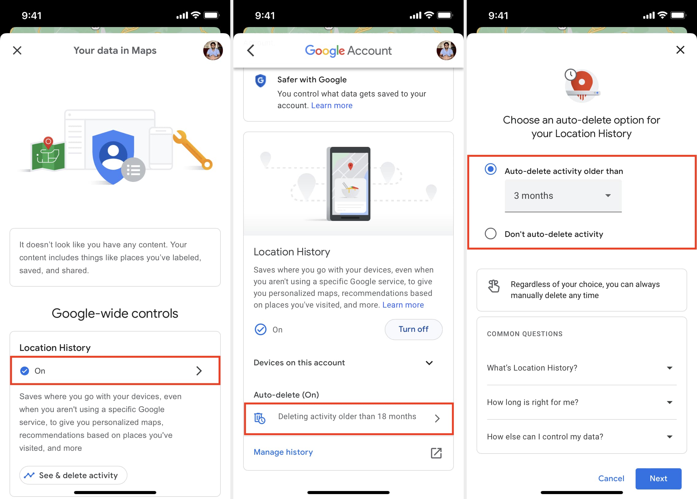Elimina automaticamente la cronologia delle posizioni in Google Maps su iPhone