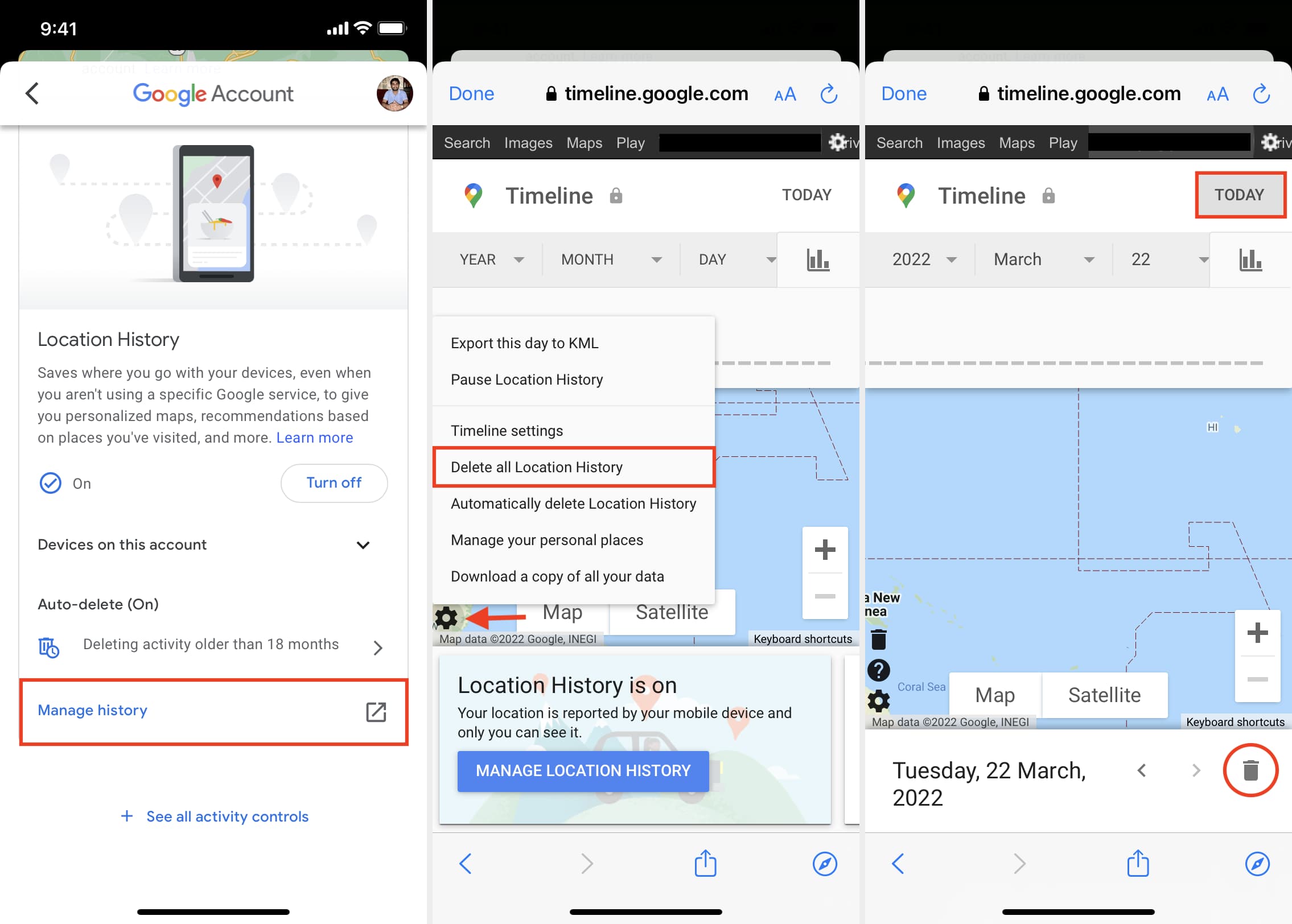 Elimina tutta o la Cronologia delle posizioni selezionata in Google Maps su iPhone