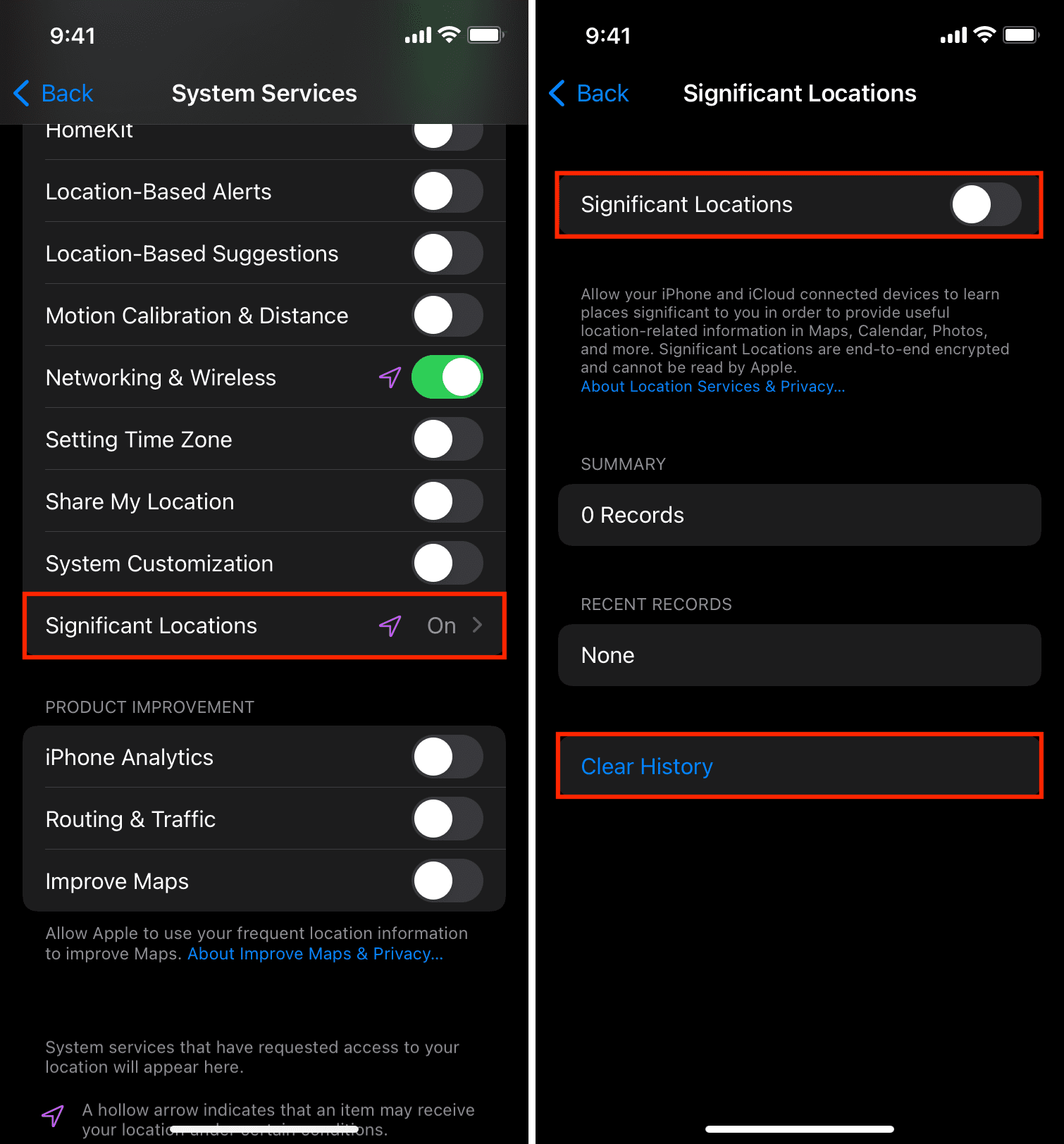 Cancella la cronologia e disattiva le posizioni significative su iPhone