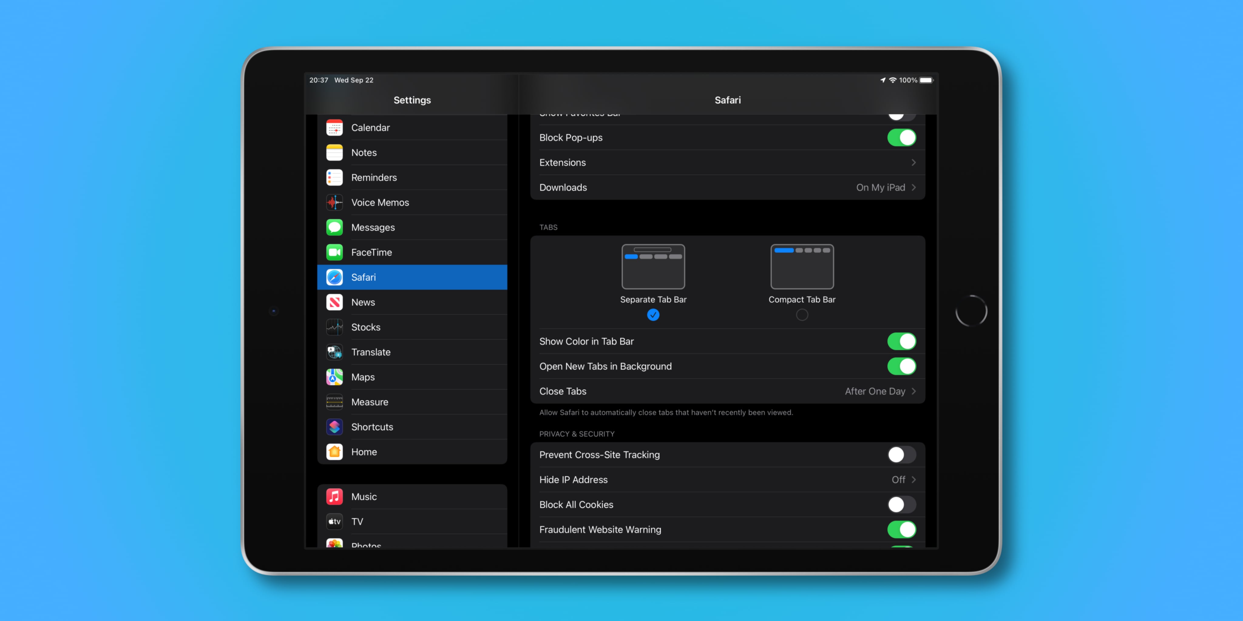 Schermata dell'iPad che illustra le impostazioni di Safari in iPadOS 15 per la scelta tra barra delle schede separata e barra delle schede compatta