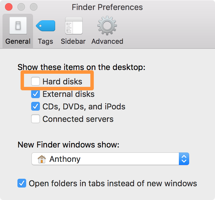 Finder Mostra il desktop dei dischi rigidi